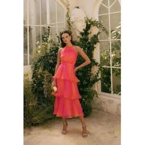 H12 Yaura Pink‎ Orange Ombre Organza Tiered Ruffle Halter Midi Dress UK 6 US 2